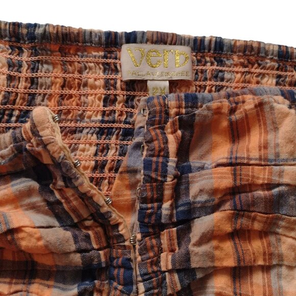 Anthropologie Verb Ruffled Plaid Top 2X Orange Navy Smocked Cotton Blouse - Picture 5 of 12
